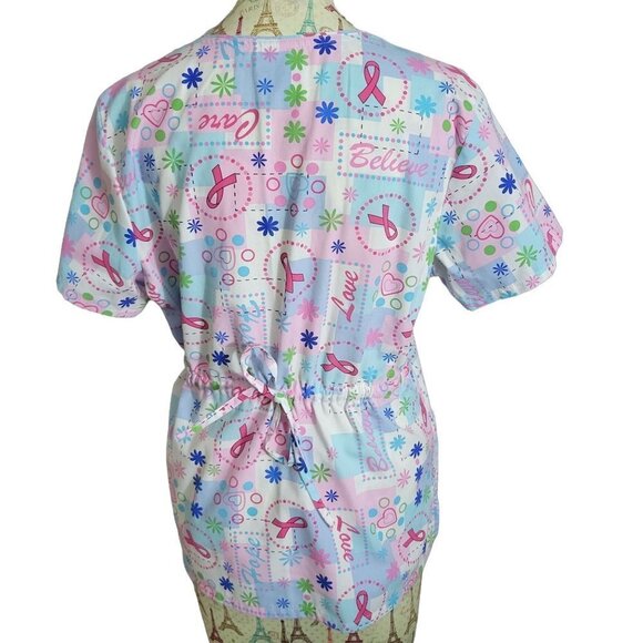 SB Scrubs Sz M Breast Cancer Awareness Vneck Back Tie Waist SS Novelty Scrub Top - Picture 9 of 9